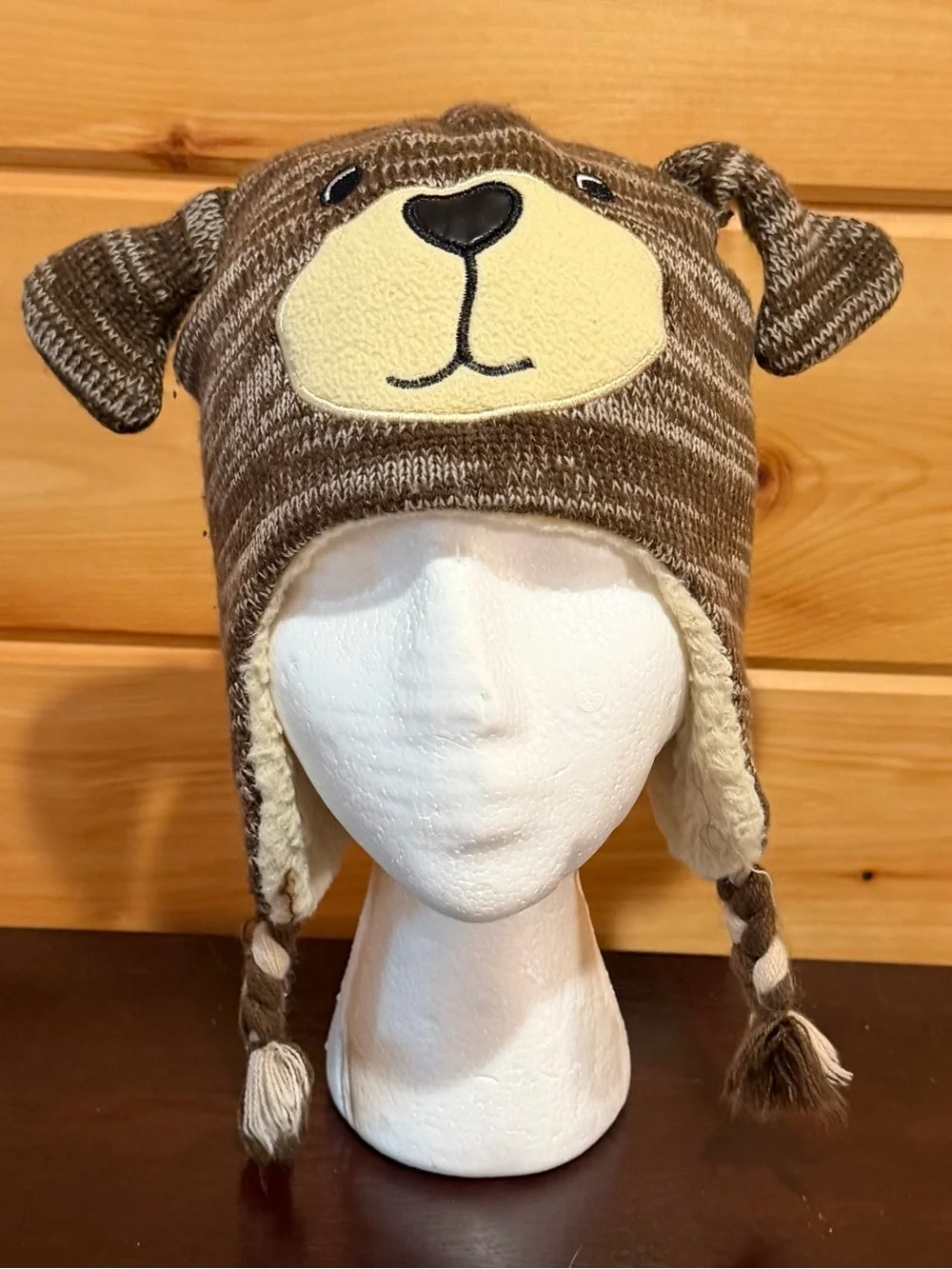 Toddler Brown Bear Knit Earflap Hat with Fleece Lining